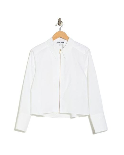 DKNY White Long Sleeve Zip Front Crop Poplin Shirt