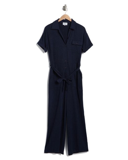 FRNCH Blue Giselle Short Sleeve Linen Blend Jumpsuit