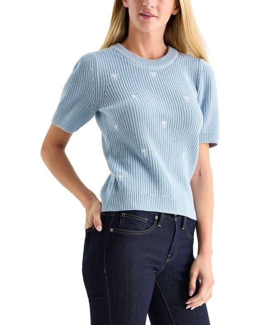 Lucky Brand Blue Bow Embroidered Short Sleeve Sweater