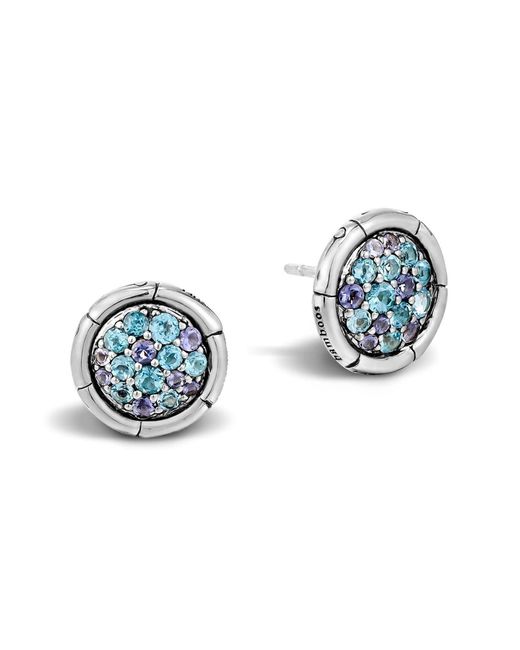 John Hardy Blue Sterling Silver Pave Mixed Stone Bamboo Textured Circle Stud Earrings