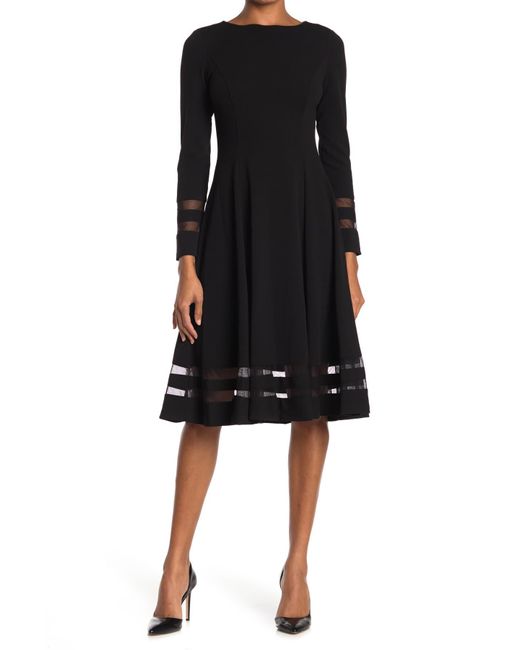 Calvin Klein Black Long Sleeve Mesh Stripe A-line Dress