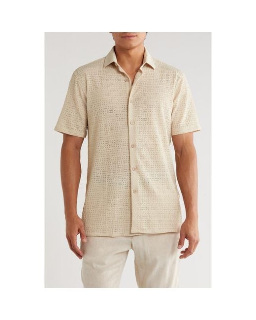 T.R. Premium Natural Textured Knit Short Sleeve Button-Up Shirt for men