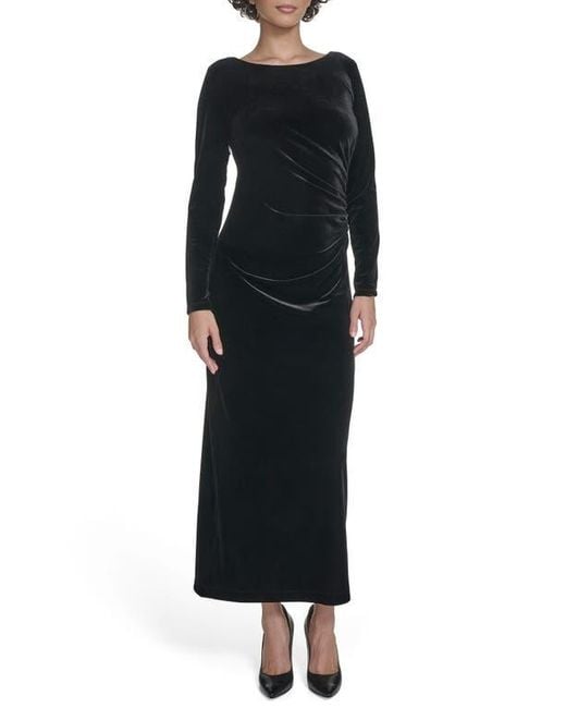 Calvin Klein Black Long Sleeve Ruched Velvet Gown