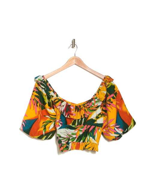 Walter Baker Yellow Alyssa Floral Short Puff Sleeve Cotton Crop Top