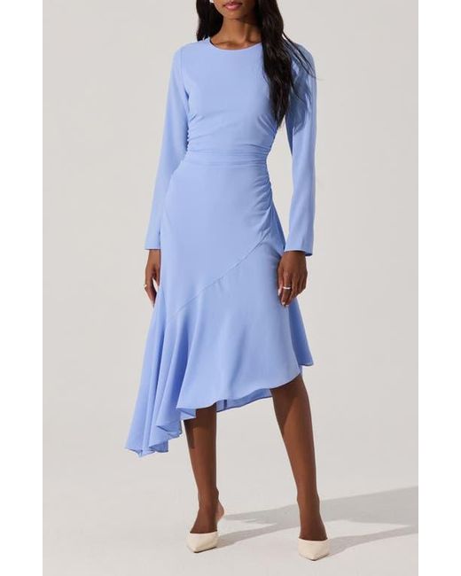 Astr Blue Long Sleeve Asymmetric Hem Midi Dress