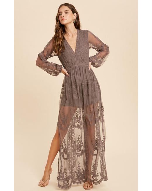 Wishlist Brown Floral Embroidered Long Sleeve Maxi Dress