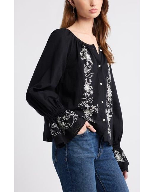 Treasure & Bond Black Embroidered Front Button Top