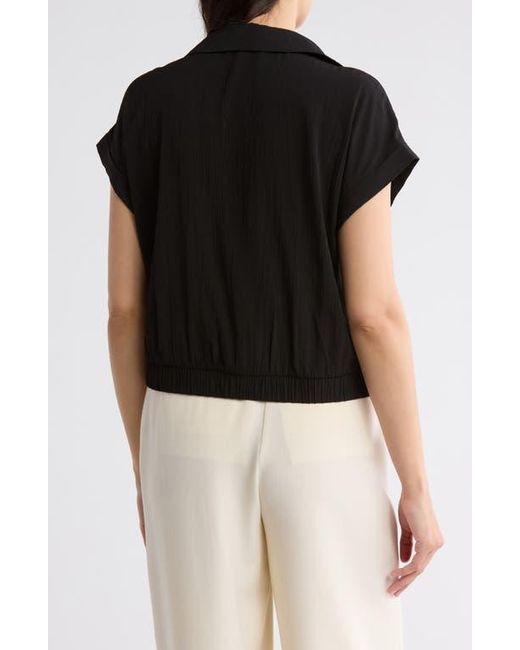 Pleione Black Short Sleeve Faux Wrap Textured Satin Top