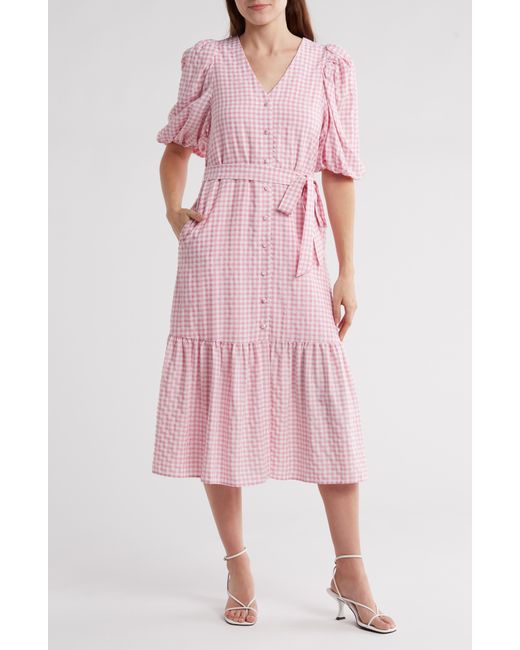 Taylor Dresses Pink Gingham V-neck Puff Sleeve Dress