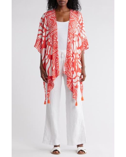 Vince Camuto Red Abstract Tassel Trim Ruana