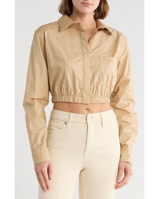 GOOD AMERICAN Natural Long Sleeve Coated Poplin Crop Button-Up Shirt