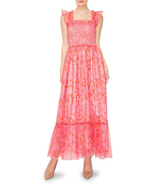 MELLODAY Pink Floral Ruffle Smocked Sleeveless Midi Dress
