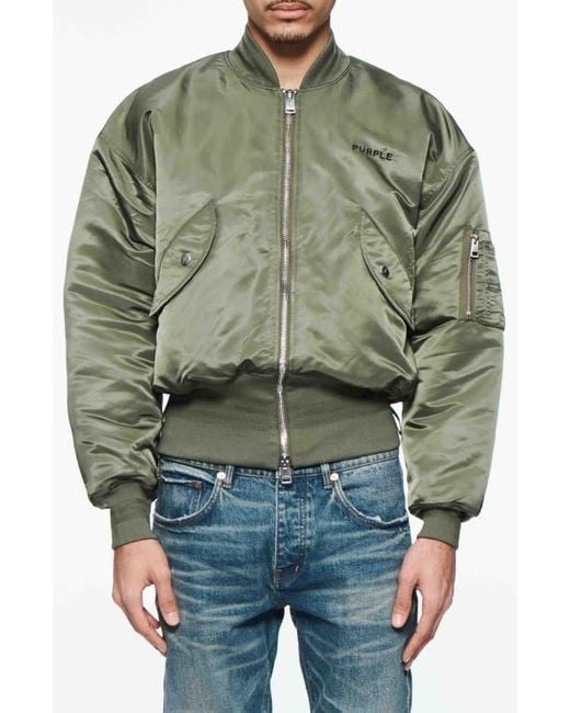 Purple Brand Green Zip Front Satin Bomber Jacke for men