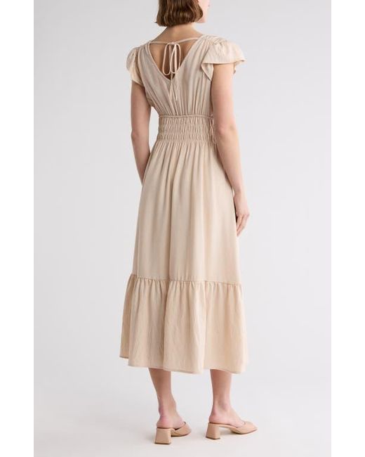 AUGUST SKY Natural Flutter Sleeve Midi Dress