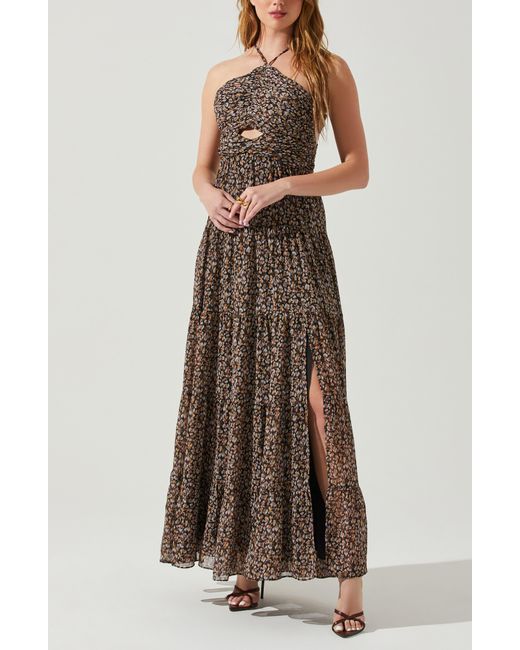 Astr Brown Madeline Tiered Cutout Maxi Dress