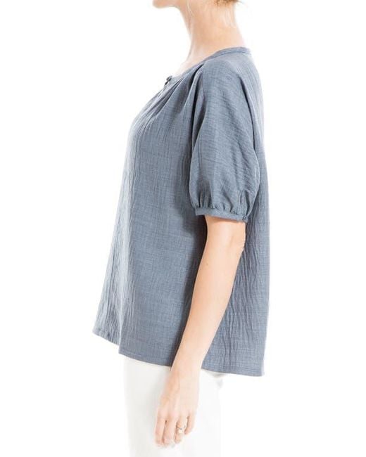 Max Studio Blue Short Sleeve Split Neck Blouse