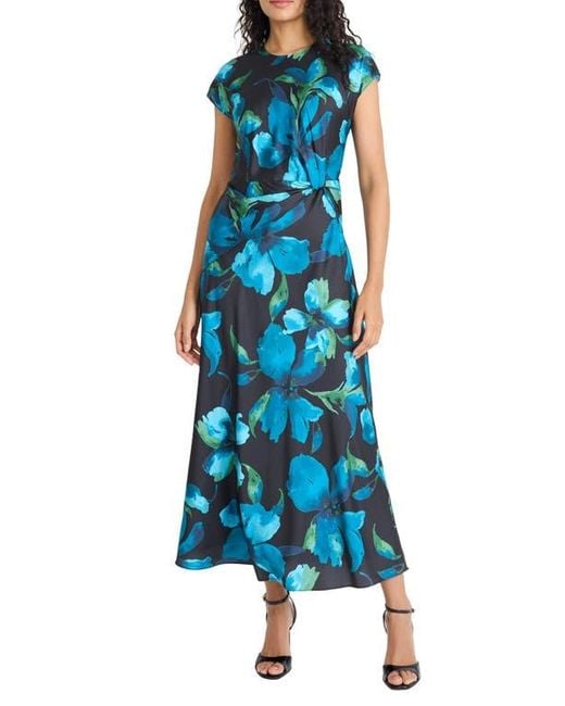 Maggy London Blue Floral Cap Sleeve A-Line Maxi Dress