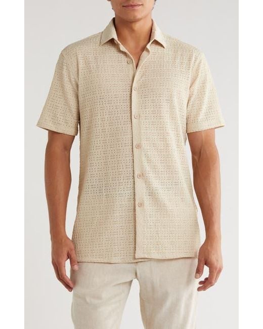 T.R. Premium Natural Textured Knit Short Sleeve Button-Up Shirt for men