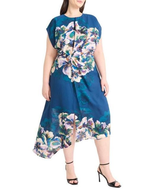 Maggy London Women's Blue Floral Short Sleeve Asymmetric Hem Midi Dress