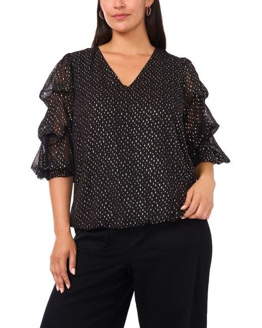 Vince Camuto Black Metallic Dot V-Neck Bubble Sleeve Top
