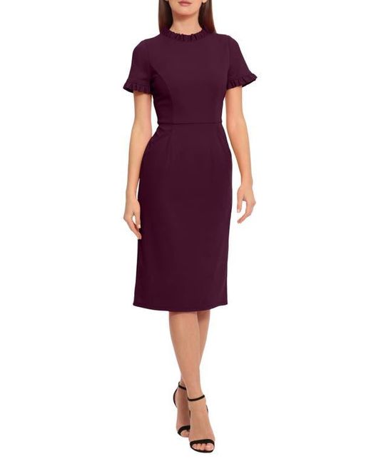 Maggy London Purple Ruffle Short Sleeve Pocket Sheath Dress