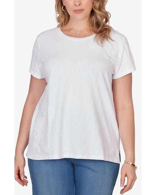 Ruby Rd White Floral Crochet Jersey Top