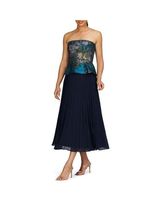 Kay Unger Blue Giannina Metallic Floral Mixed Media Strapless Cocktail Dress