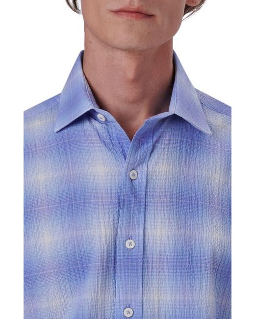 Bugatchi Blue Ombré Check Short Sleeve Cotton Seersucker Button-Up Shirt for men