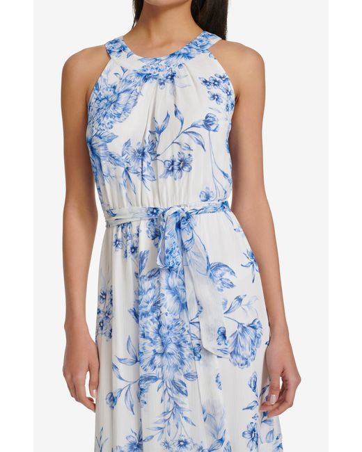 Calvin Klein Blue Floral Chiffon Halter Dress