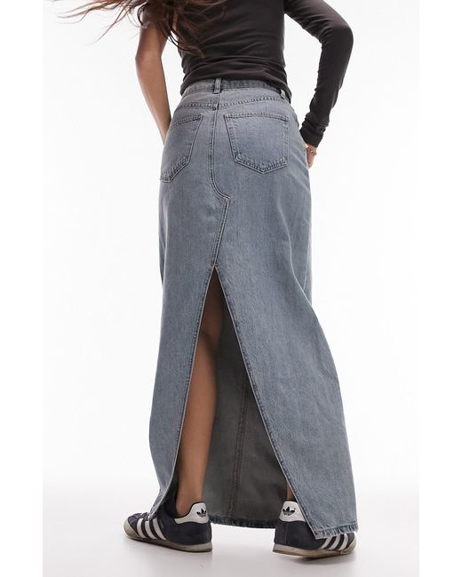 TOPSHOP Denim Maxi Skirt in Gray | Lyst