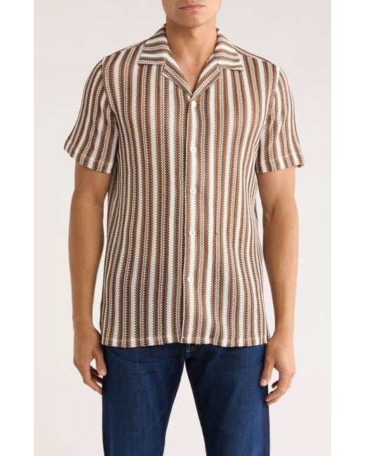 T.R. Premium Natural Textured Stripe Knit Short Sleeve Button-Up Shirt for men