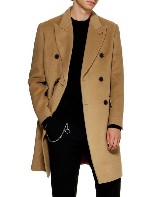 Topman Brown Camel Wool Blend Double Breasted Overcoat for men