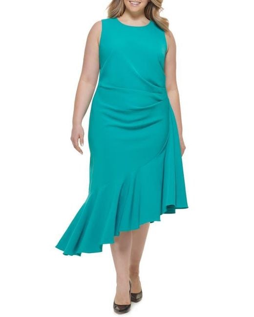 Eliza J Blue Asymmetric Ruffle Cocktail Midi Dress