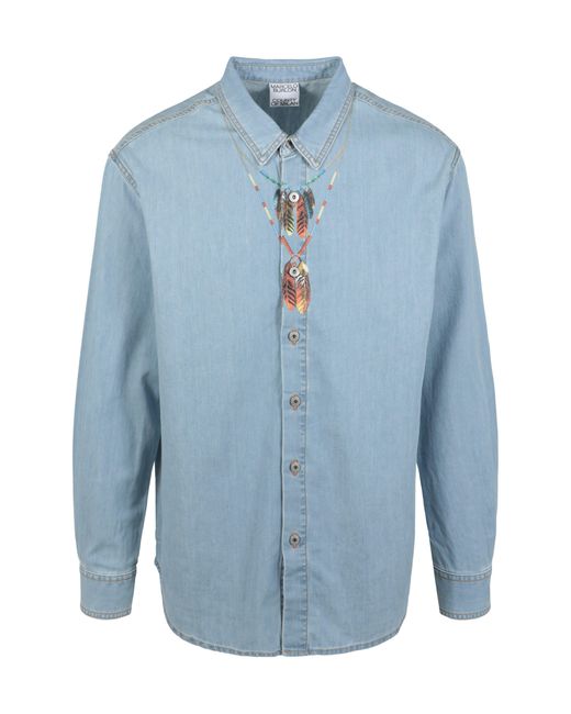 Marcelo Burlon Blue Feather Necklace Cotton Denim Button-up Shirt for men