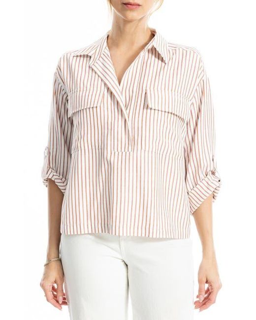 Max Studio White Grid Print Roll Sleeve Popover Shirt