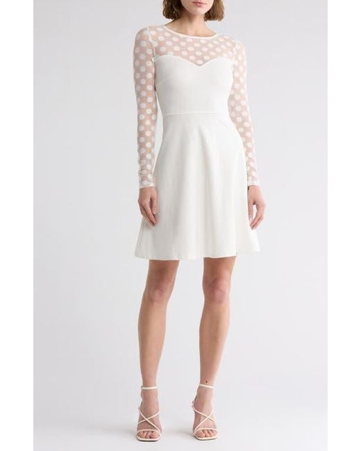 Love By Design White Elodie Polka Dot Mesh Long Sleeve Fit & Flare Dress