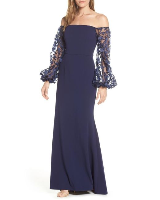 Eliza J Blue Off The Shoulder 3d Floral Sleeve Scuba Crepe Evening Dress