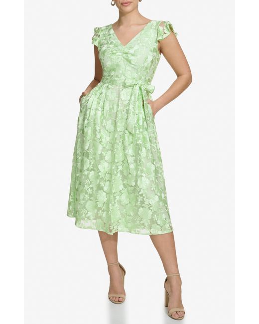 Kensie Green Floral Embroidered Fit & Flare Midi Dress