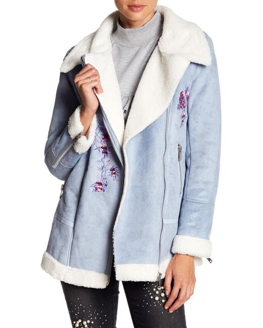 Romeo and Juliet Couture Blue Embroidered Faux Suede Faux Fur Jacket