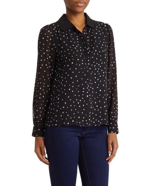 DR2 by Daniel Rainn Black Peter Pan Collar Polka Dot Button Front Long Sleeve Blouse