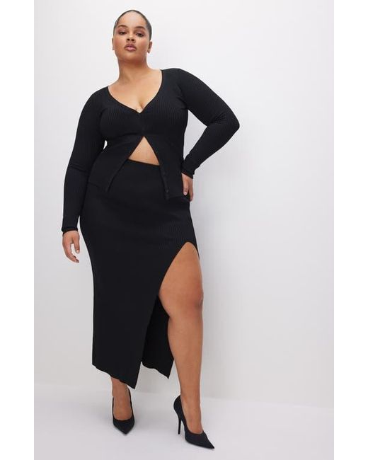 GOOD AMERICAN Black Shine Ribbed Slit Midi Skirt
