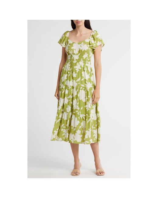 Blu Pepper Yellow Floral Tiered Midi Dress