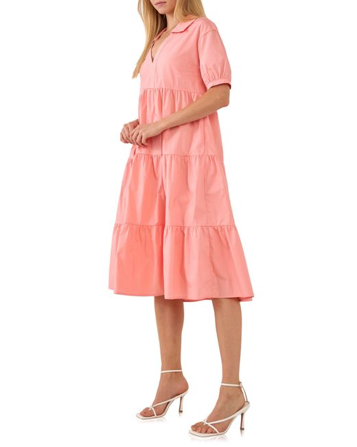 English Factory Pink Tiered Puff Sleeve Dress