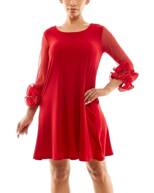 Nina Leonard Red Ruffle Mesh Sleeve Dress