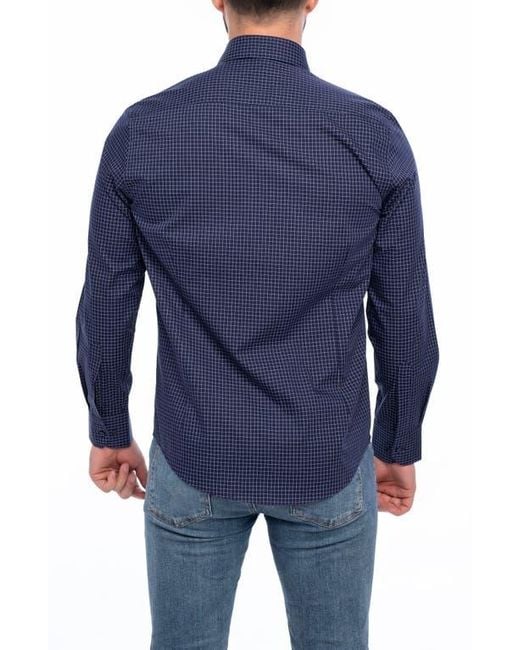 VELLAPAIS Blue Grid Cotton Slim Fit Button Down Shirt for men