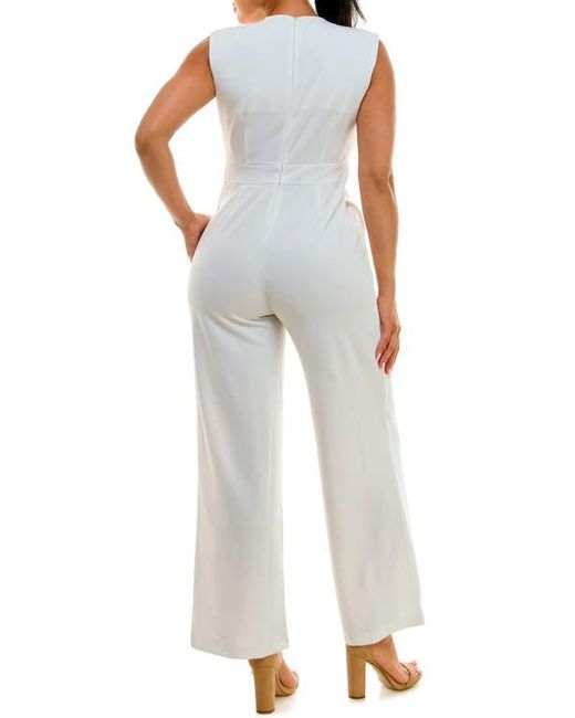 Nina Leonard White Surplice V-Neck Wide Leg Jumpsuit