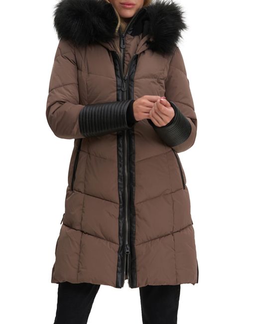 Noize Brown Priya Water Resistant Mixed Media Parka With Faux Fur Trim