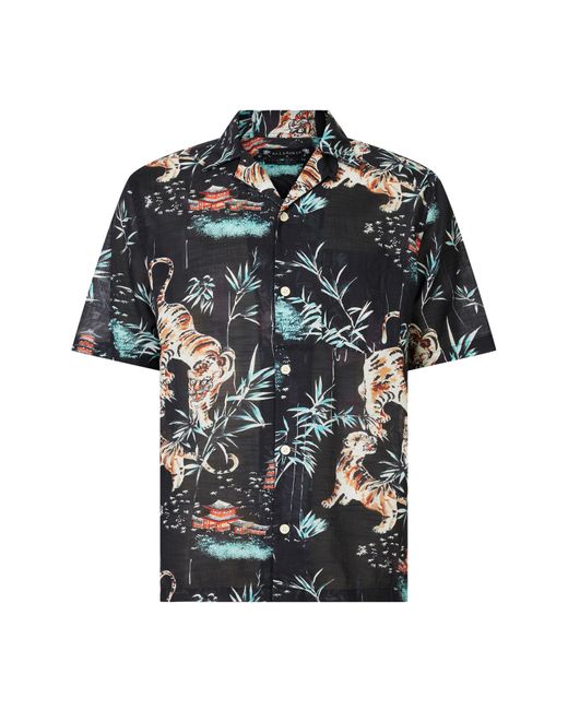 AllSaints Black Tagise Relaxed Fit Tiger Print Short Sleeve Cotton Button-up Shirt for men