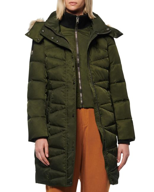 Andrew Marc Green Malabar Bib Front Faux Fur Trim Quilted Puffer Jacket