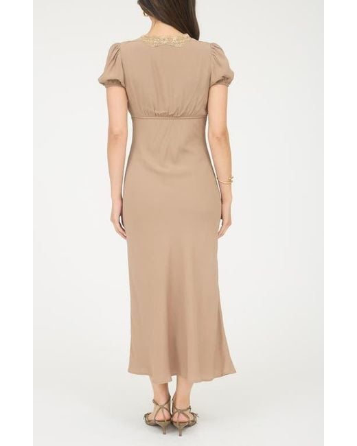 Blu Pepper Lace Trim Puff Sleeve Midi Dress in Natural | Lyst